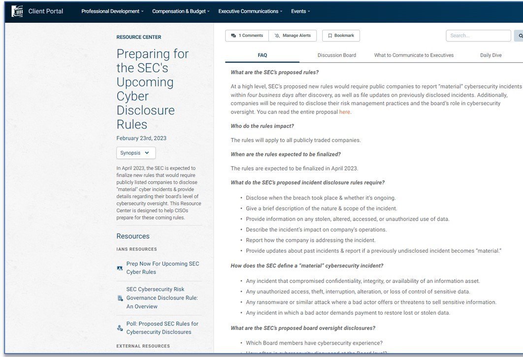 Image of IANS SEC Cyber Disclosure Rules Resource Center Portal 