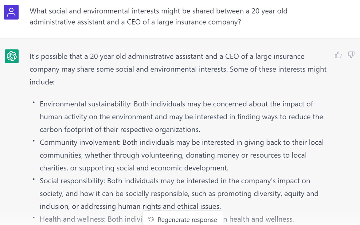 conversation in which ChatGPT discusses shared interests between an administrative assistant and CEO